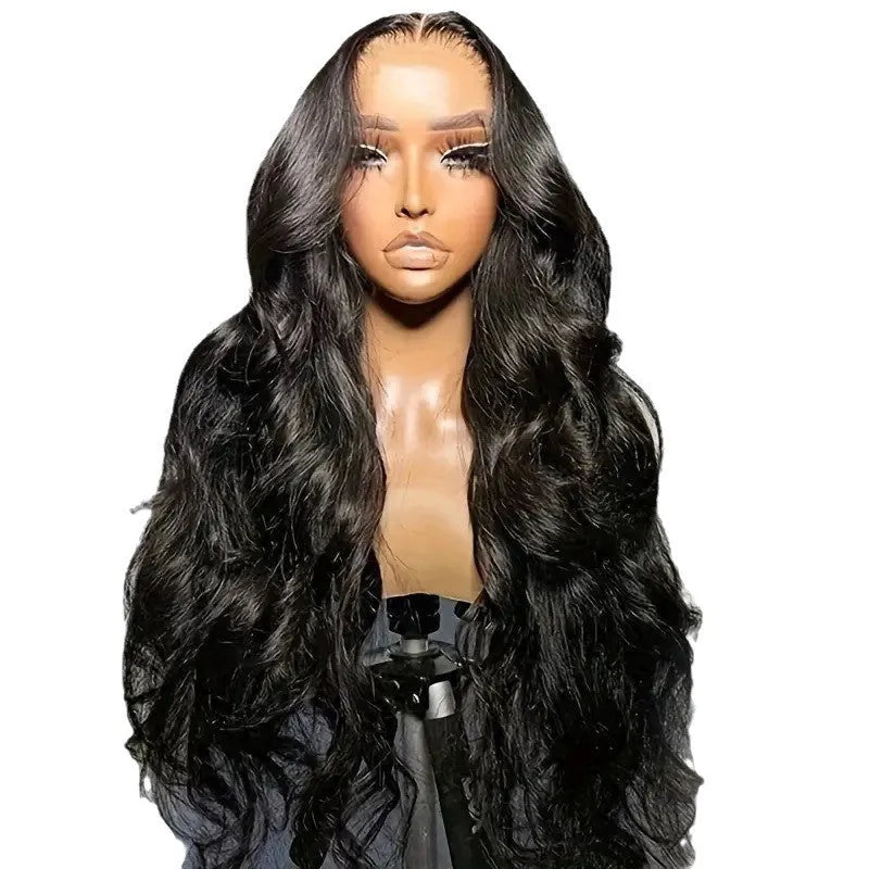Black synthetic ladies wig with big waves, shown on a mannequin head.