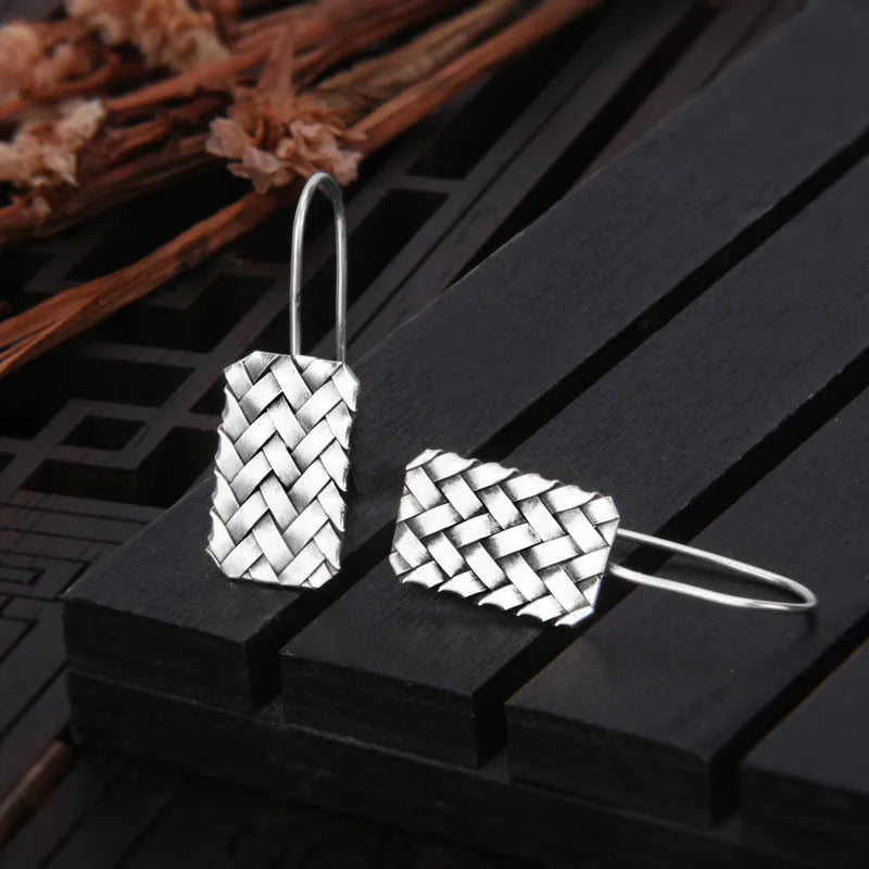 925 silver woven diamond plaid geometric earrings for women, silver colour, 17.5mm by 11mm.