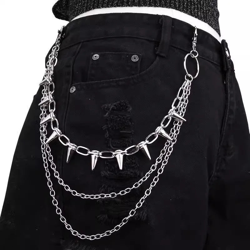 Silver double layer punk pants chain with rivets and zipper ornament, 115cm alloy hip hop accessory for women