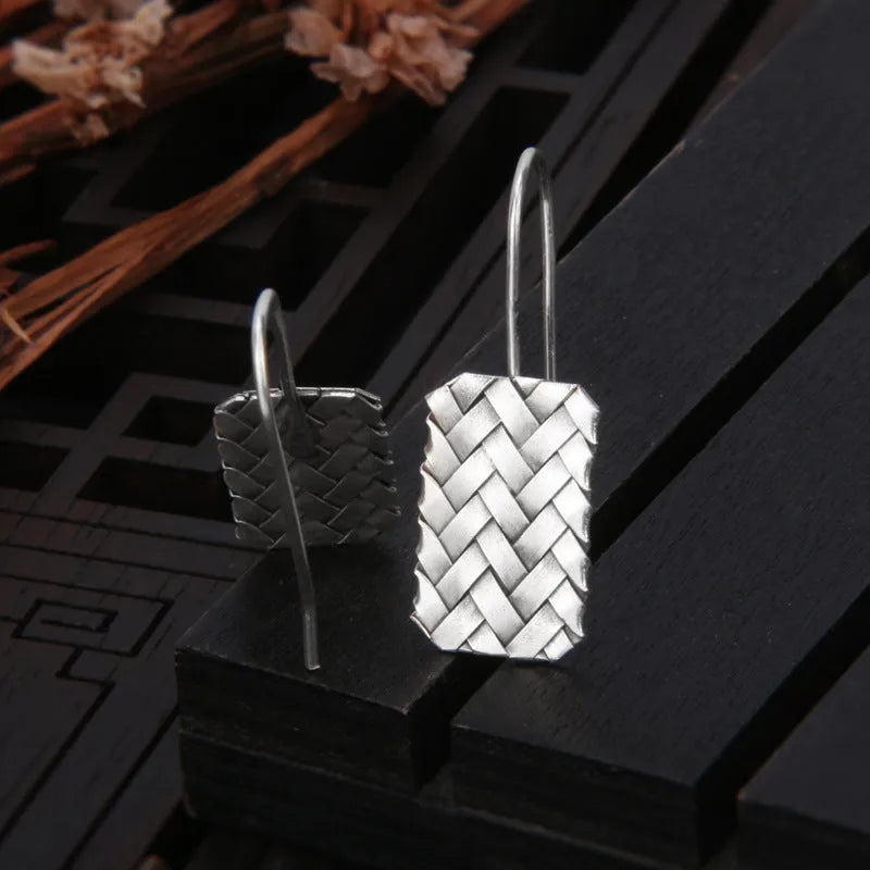 925 silver woven diamond plaid geometric earrings for women, silver colour, 17.5mm by 11mm.