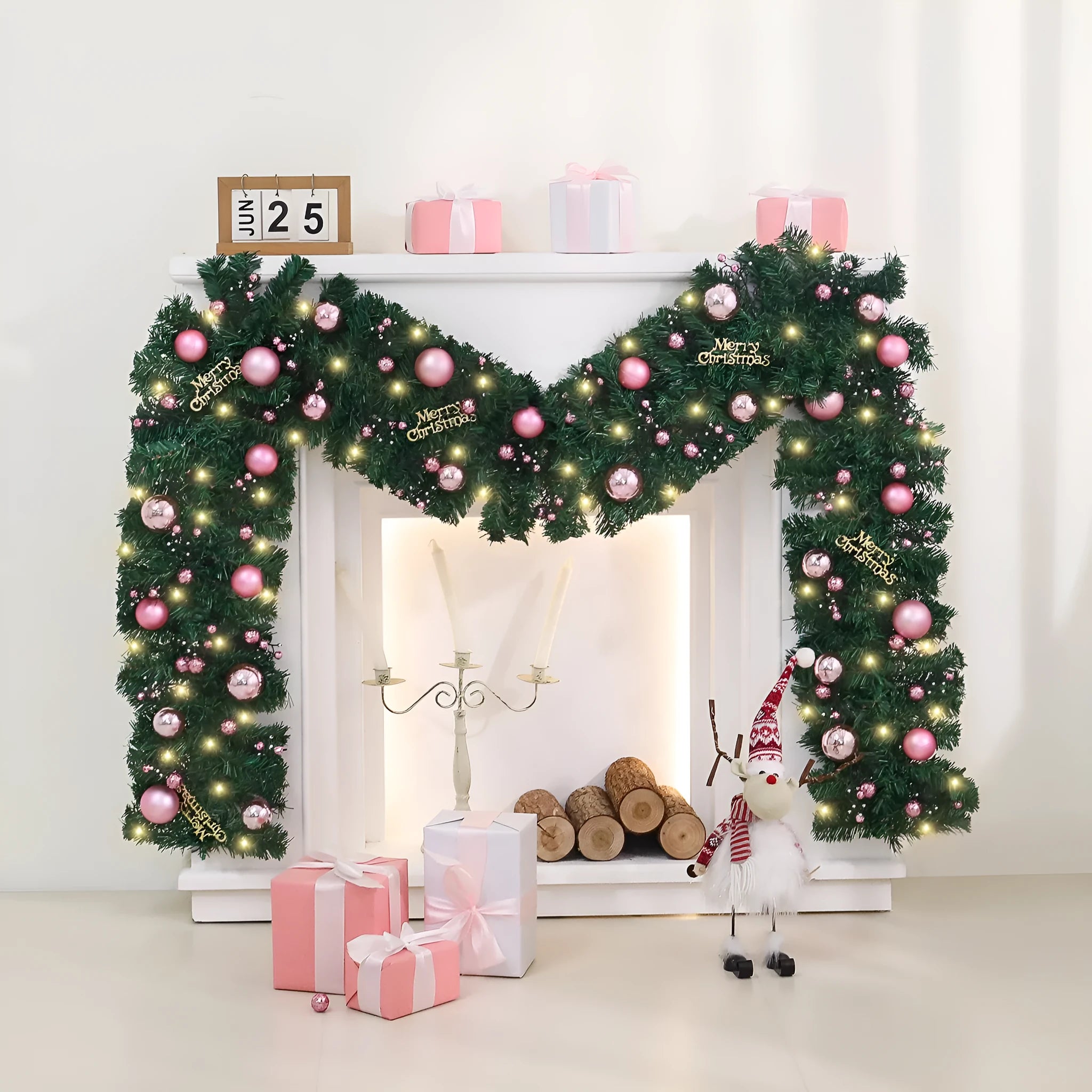 2.7-metre pink Christmas rattan vine decoration with 240 PVC fruit head ornaments in Korea style