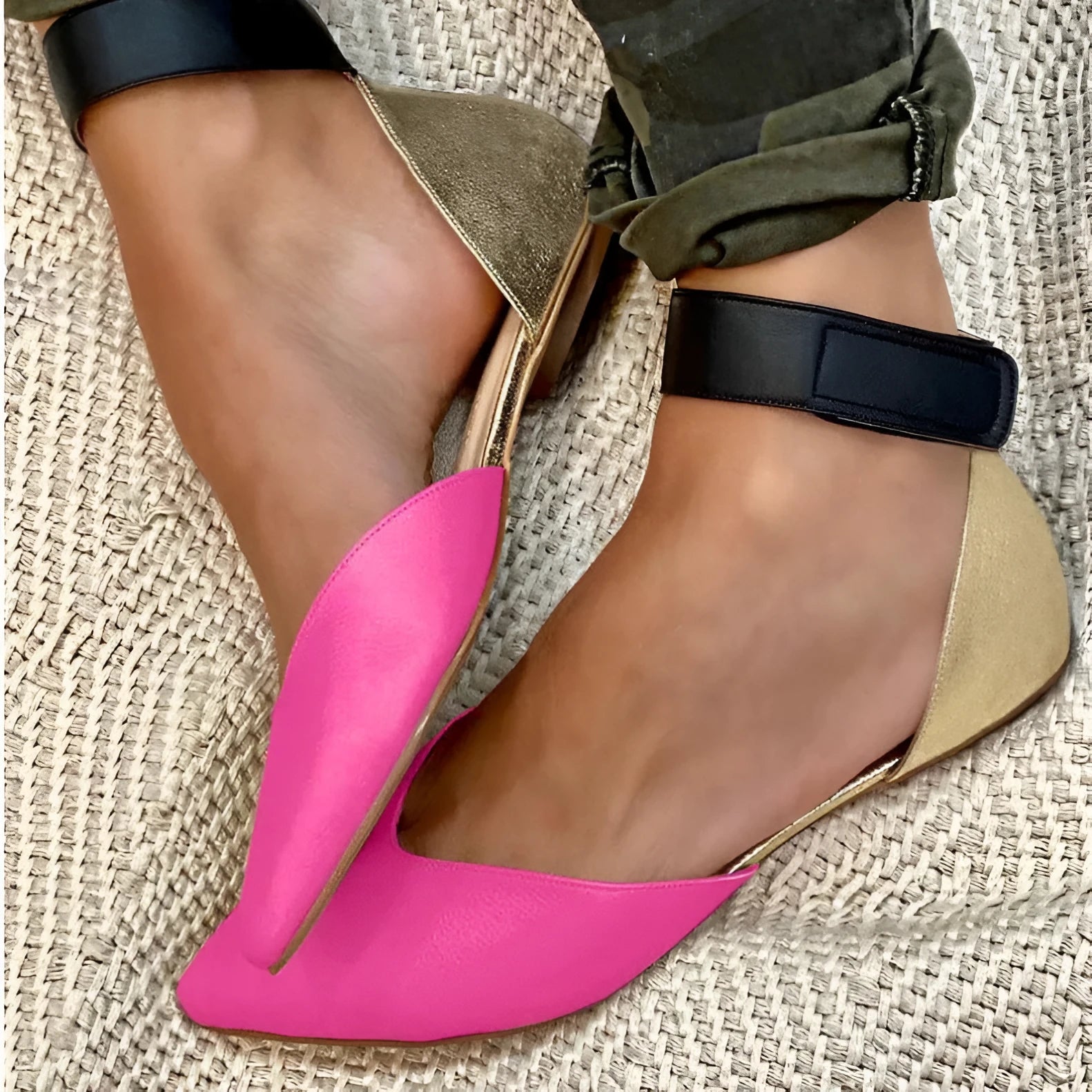 Women's casual velcro sandals in beige with a hollowed design and flat heel.