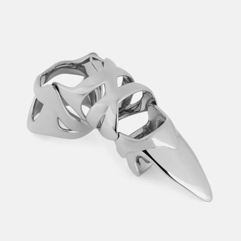 Polished silver alloy punk armour finger stall ring showing detailed sculpted metal design