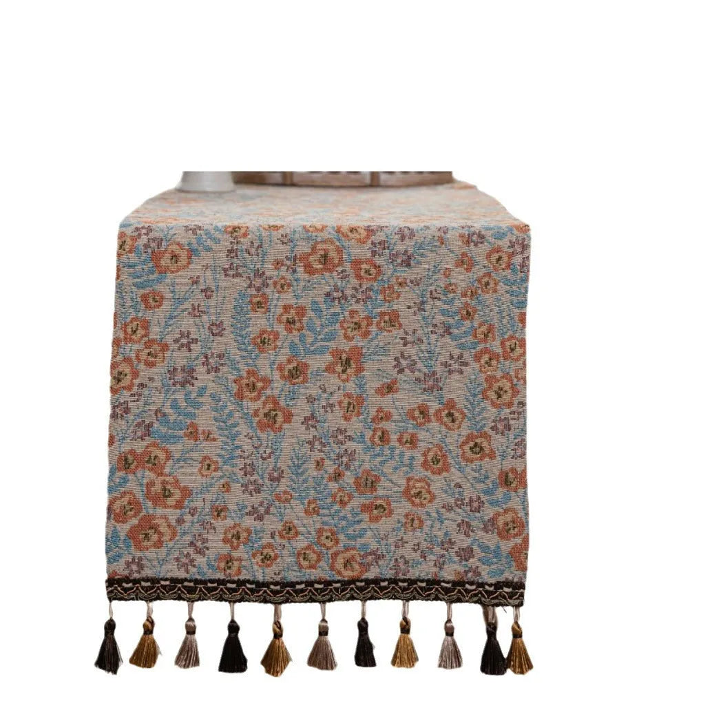 American-style jacquard table runner with long tassels, floral patterns, available in multiple colours and sizes