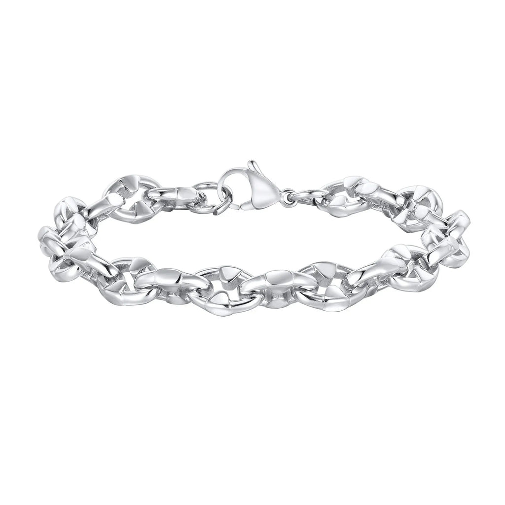 Handmade thick stainless steel geometric chain bracelet for men on a grey background.
