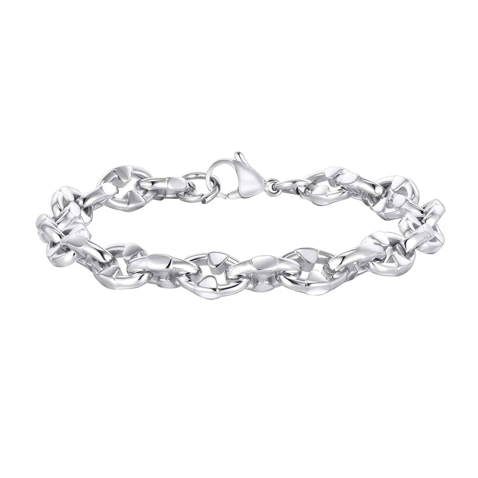 Handmade thick stainless steel geometric chain bracelet for men on a grey background.
