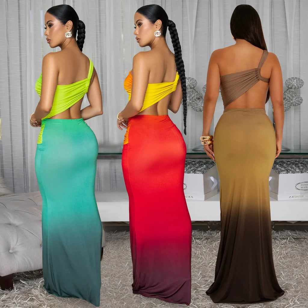 Women's gradient colour cross-shoulder summer dress with high waist and long skirt