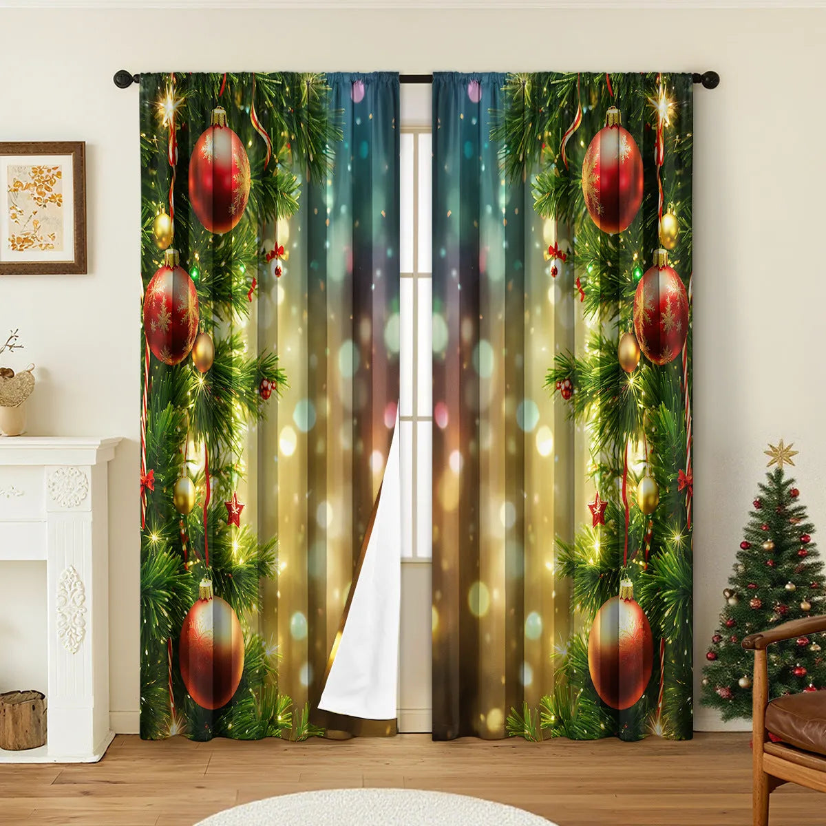 Pair of 3D digitally printed Christmas pattern polyester curtains hanging on a window.
