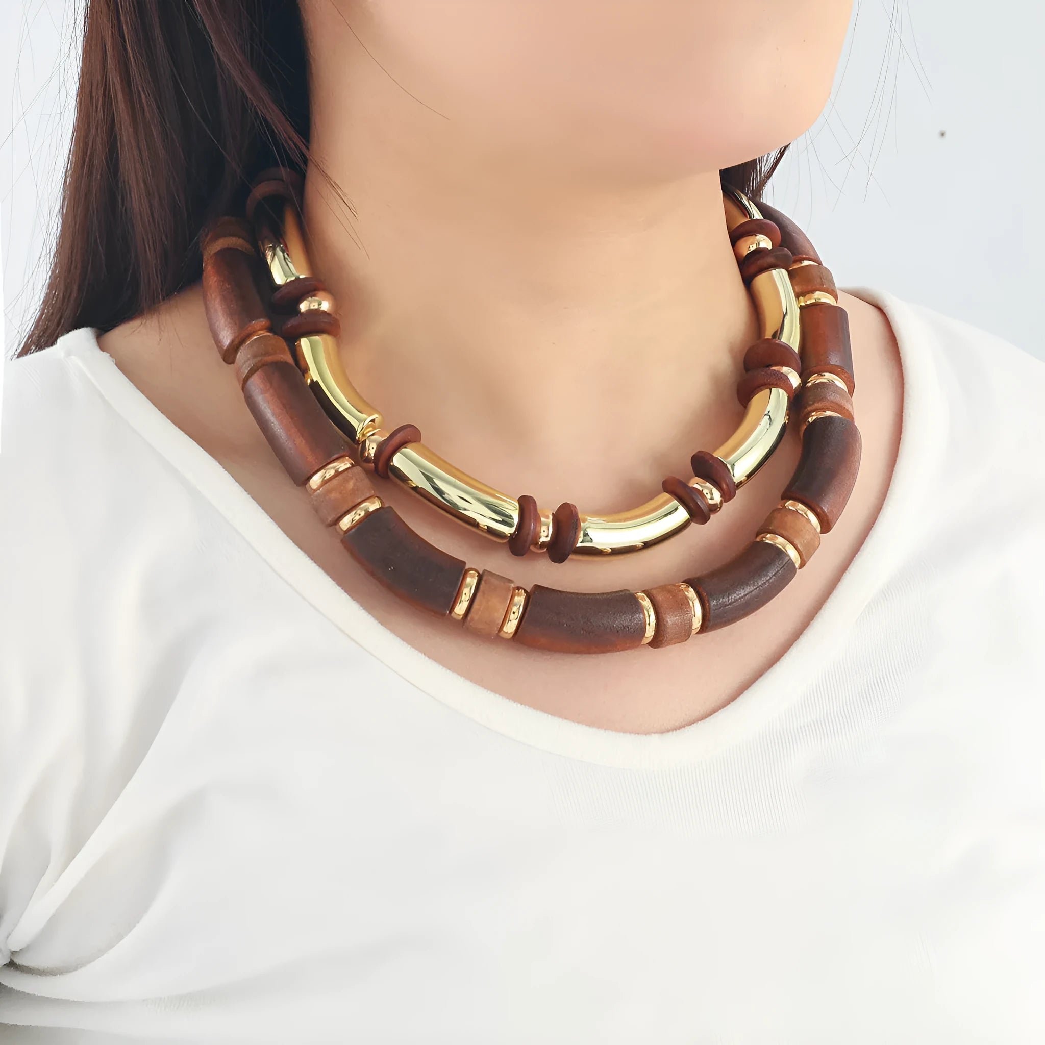 European exaggerated style multi-layer wooden necklace and bracelet set with alloy chain