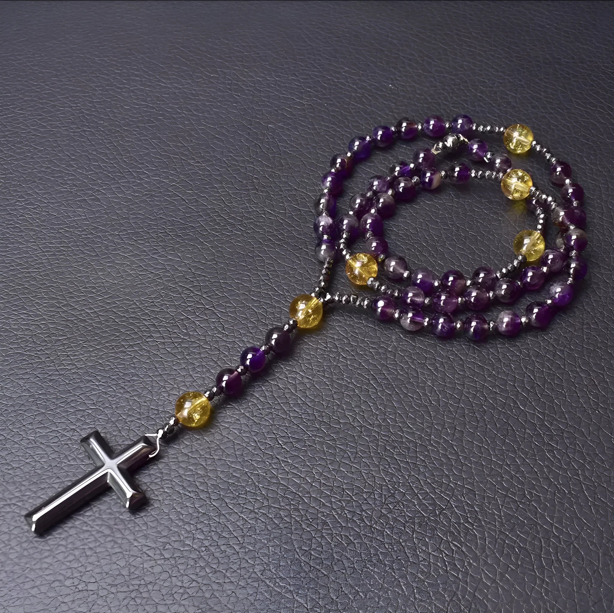 Stone geometric cross pendant on 80cm ball bead chain with safety lock clasp