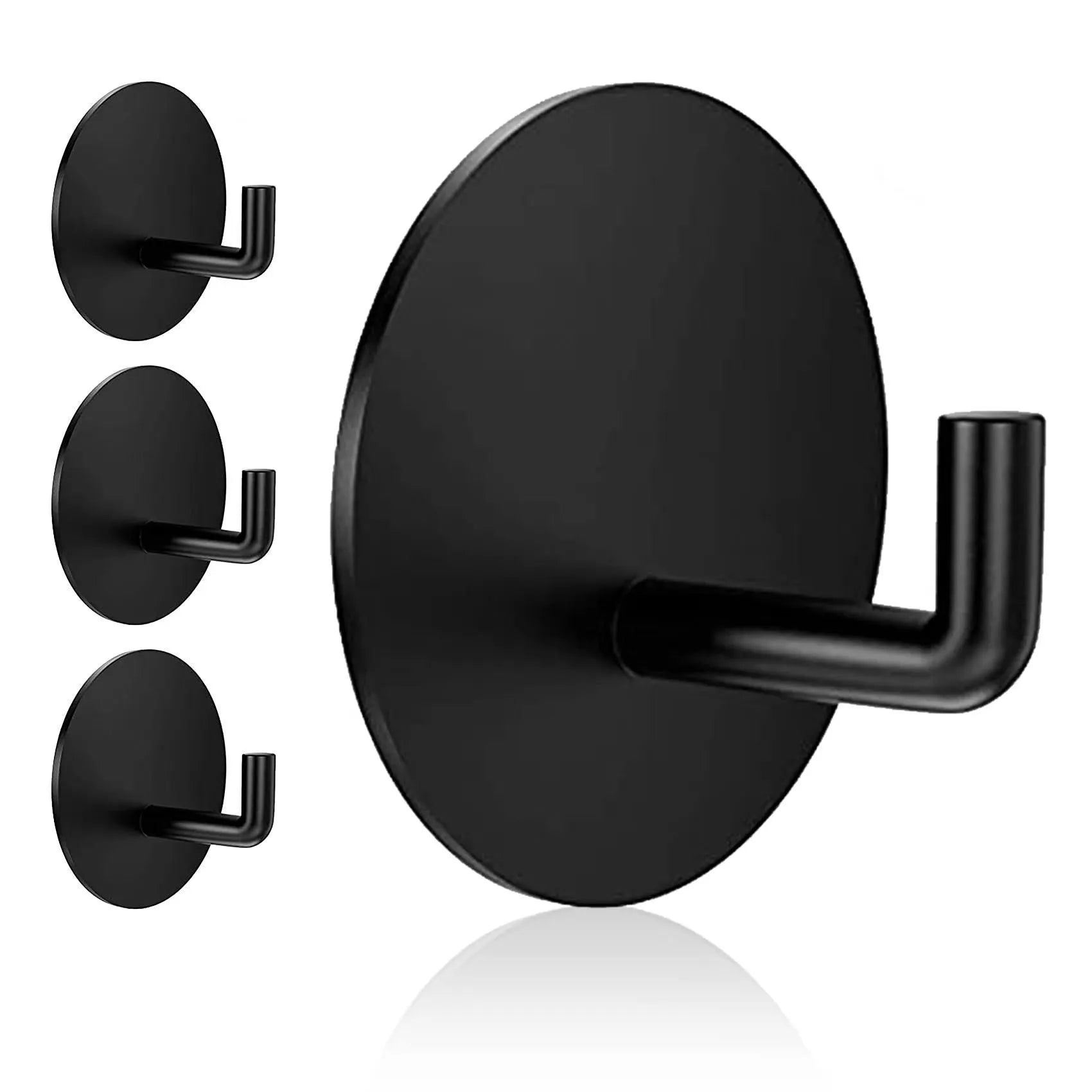 Round stainless steel self-adhesive hook in black and polished finishes for wall mounting.