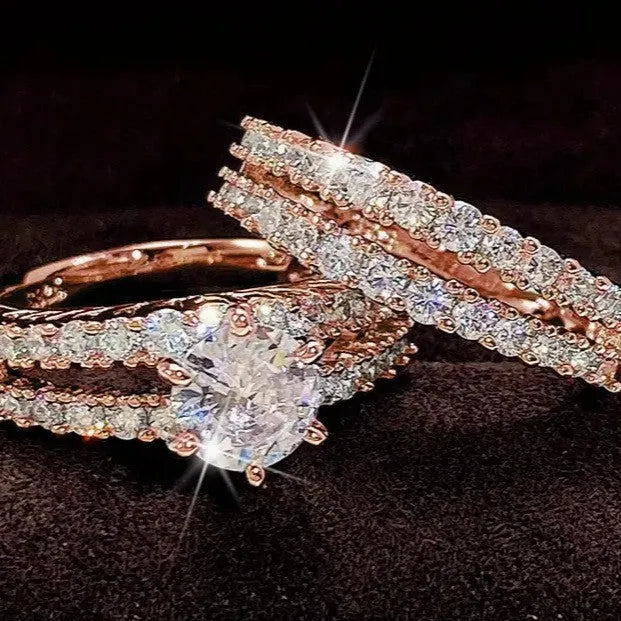 2-in-1 women's fashion ring set with fully set round stones in silver, gold, or rose gold finish