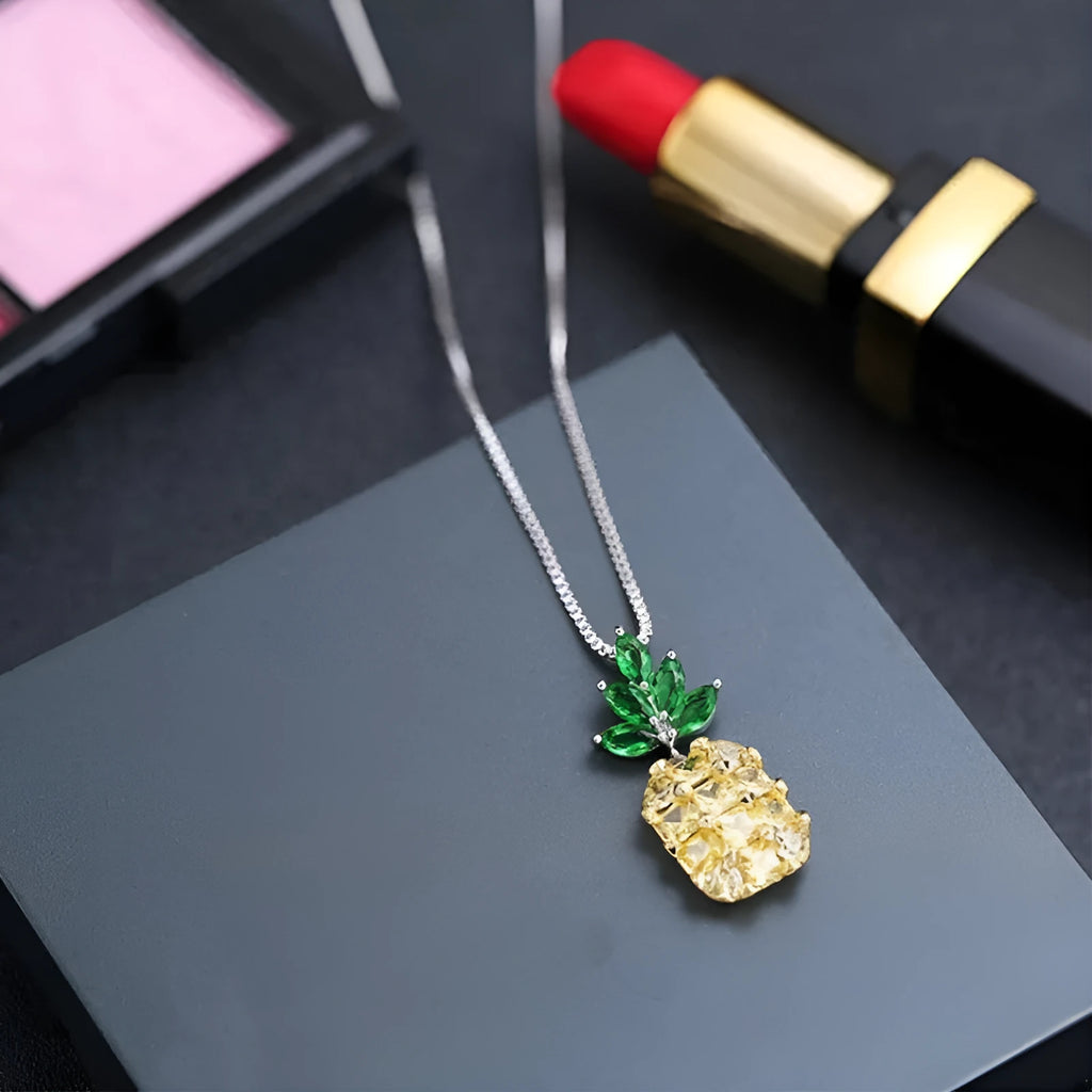 Korean fashion women's necklace with geometric pineapple fruit design and diamond elements in silver white gold colour