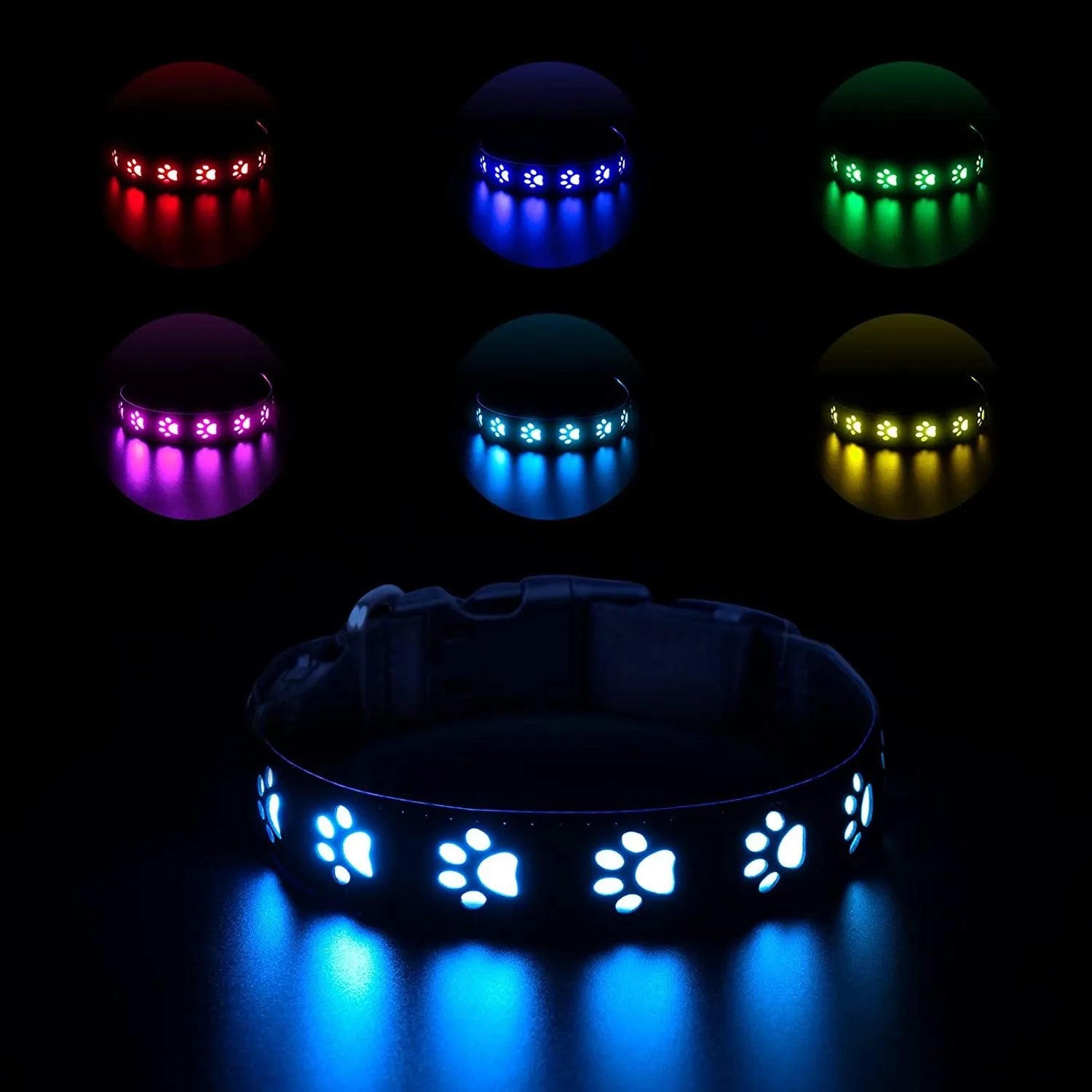 Paw print design LED luminous collar for cats on a black background, showing USB charging port.