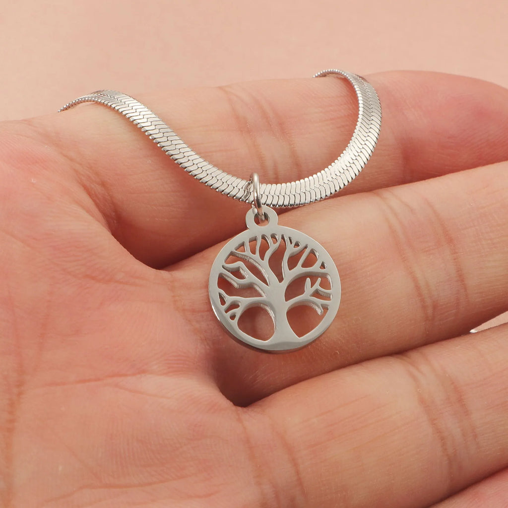 Stainless steel necklace with tree pendant on snake bone chain in gold colour option