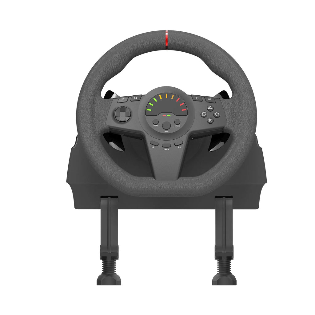 Black ABS and rubber multi-platform steering wheel and pedal set with LED display for PC and console racing games