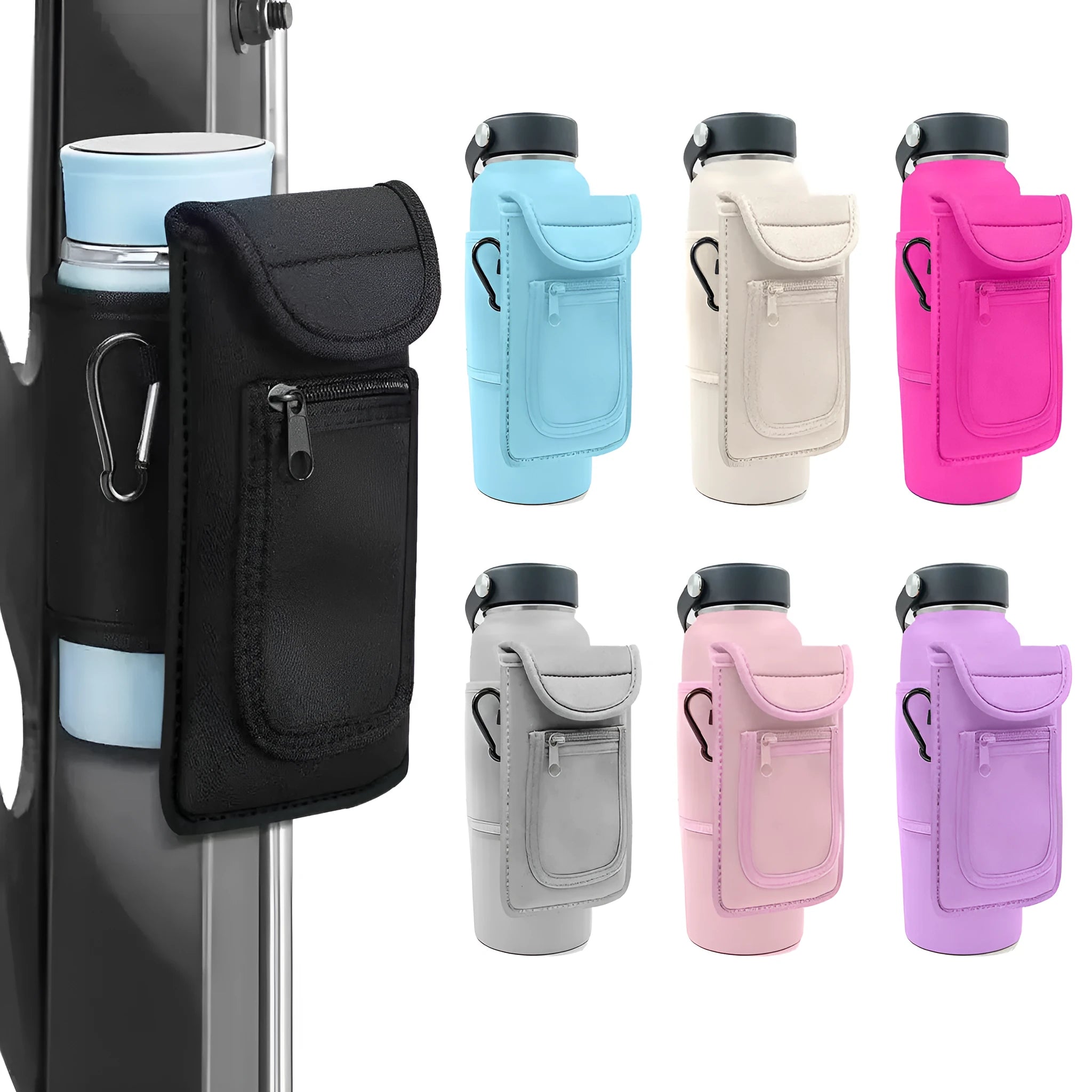 Cloth water bottle sleeve with magnetic closure in rose red colour for outdoor sports.