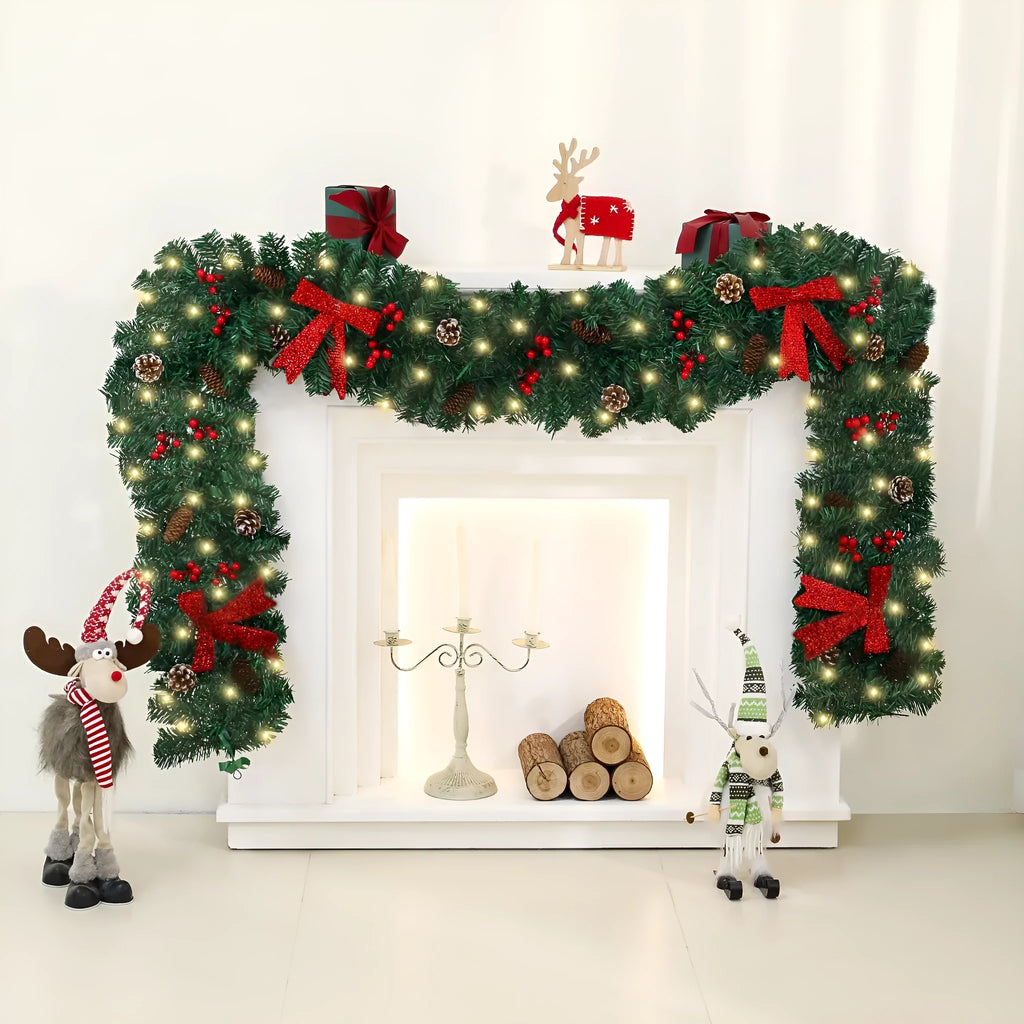 Christmas rattan decorative cane with pine cone bow attachment in showcase display arrangement