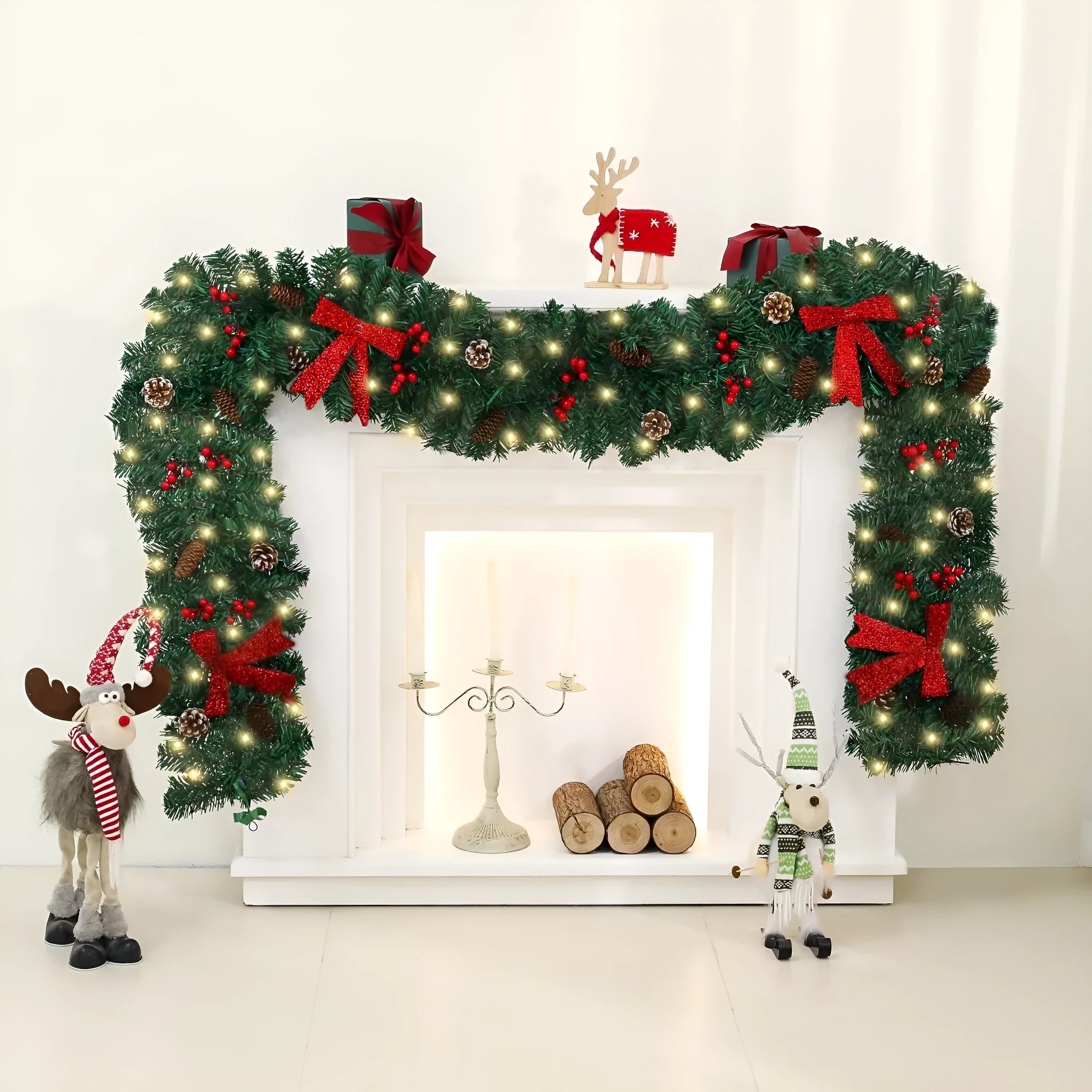 Christmas rattan decorative cane with pine cone bow attachment in showcase display arrangement