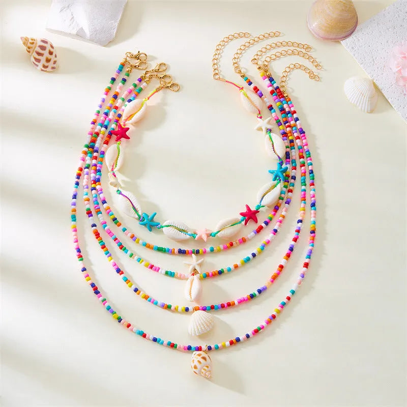 Blue and multicolour women's shell bead necklace set with five layered pieces