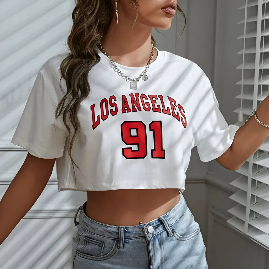 Loose cotton navel t-shirt with printed English letters in black or white, short sleeve Japanese casual summer top