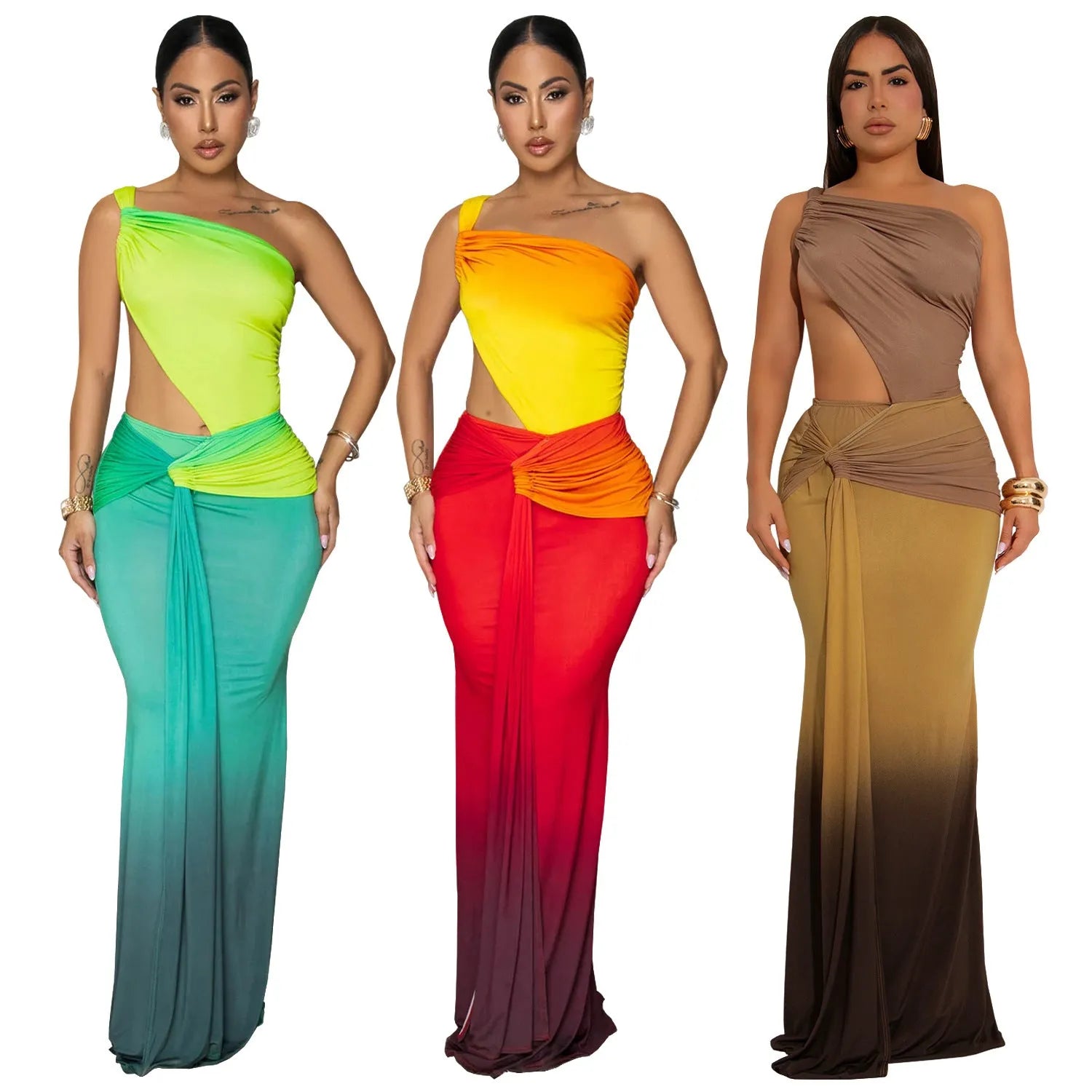 Women's gradient colour cross-shoulder summer dress with high waist and long skirt