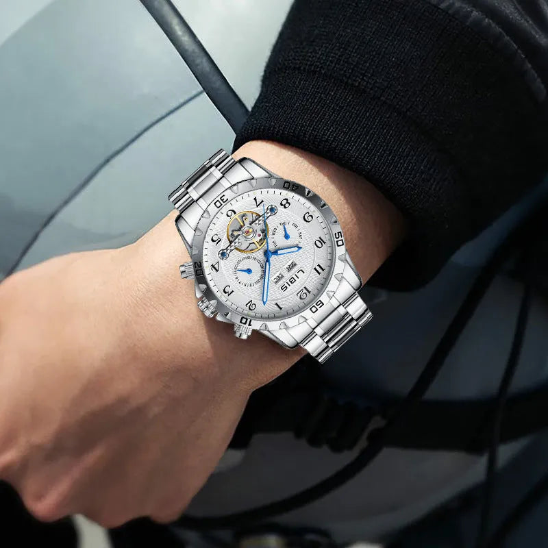 Men's silver automatic perpetual calendar watch with stainless steel strap