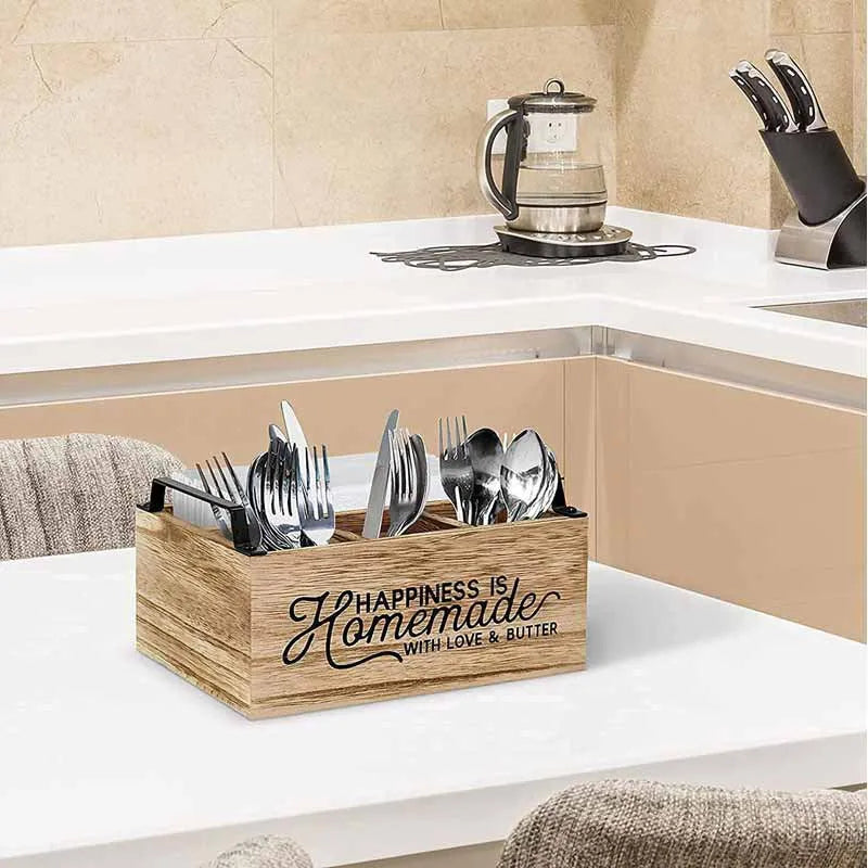 Wooden kitchen storage box with grid dividers for tableware organisation