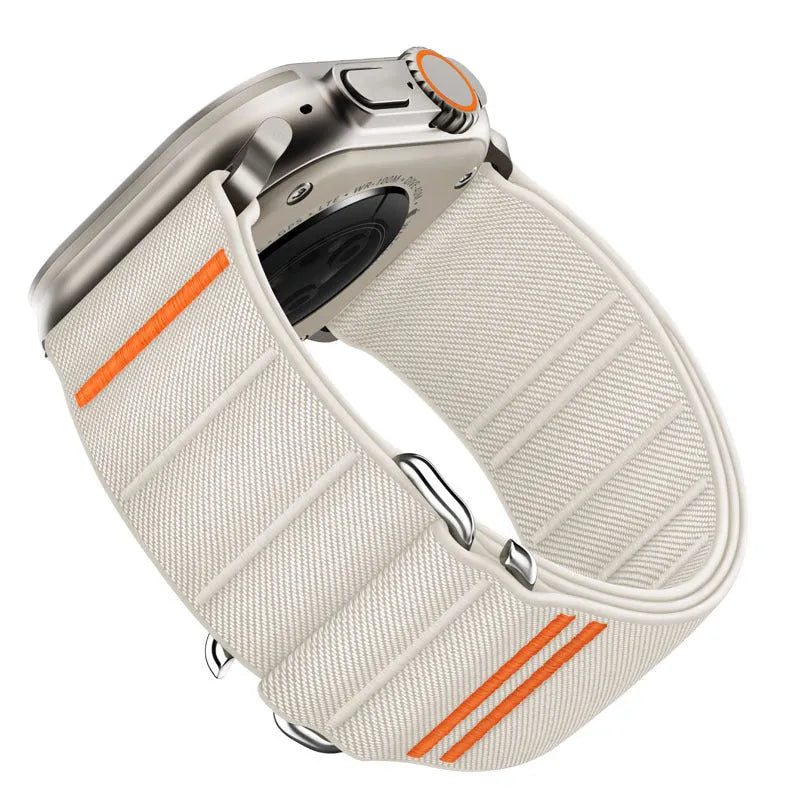 Elastic nylon watchband with stainless steel buckle for Apple Watch in multiple colour options.