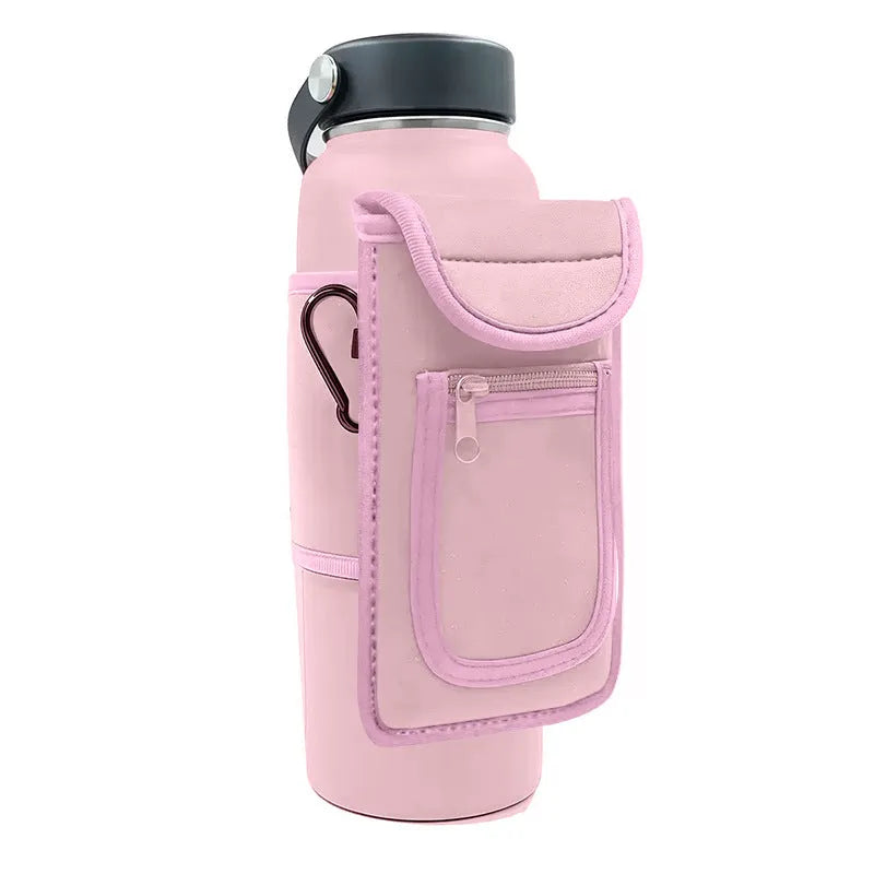 Cloth water bottle sleeve with magnetic closure in rose red colour for outdoor sports.