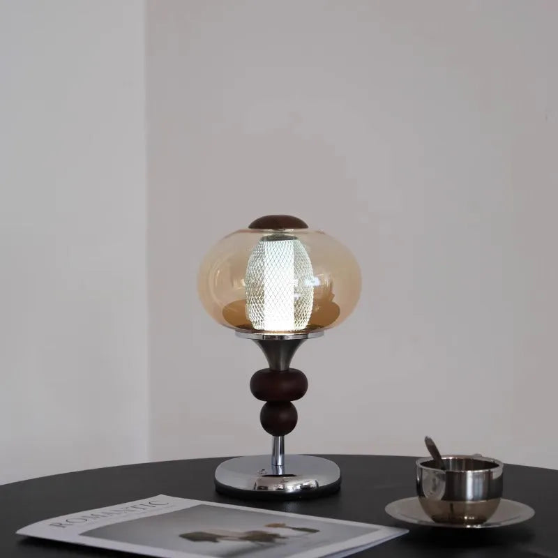 Solid wood retro palace table lamp with USB cable and touch controls on desk.