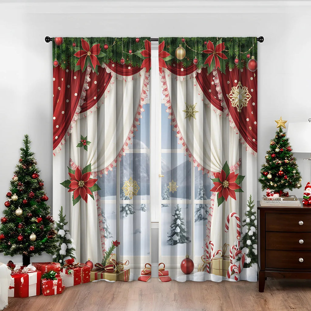 Pair of 3D digitally printed Christmas pattern polyester curtains hanging on a window.