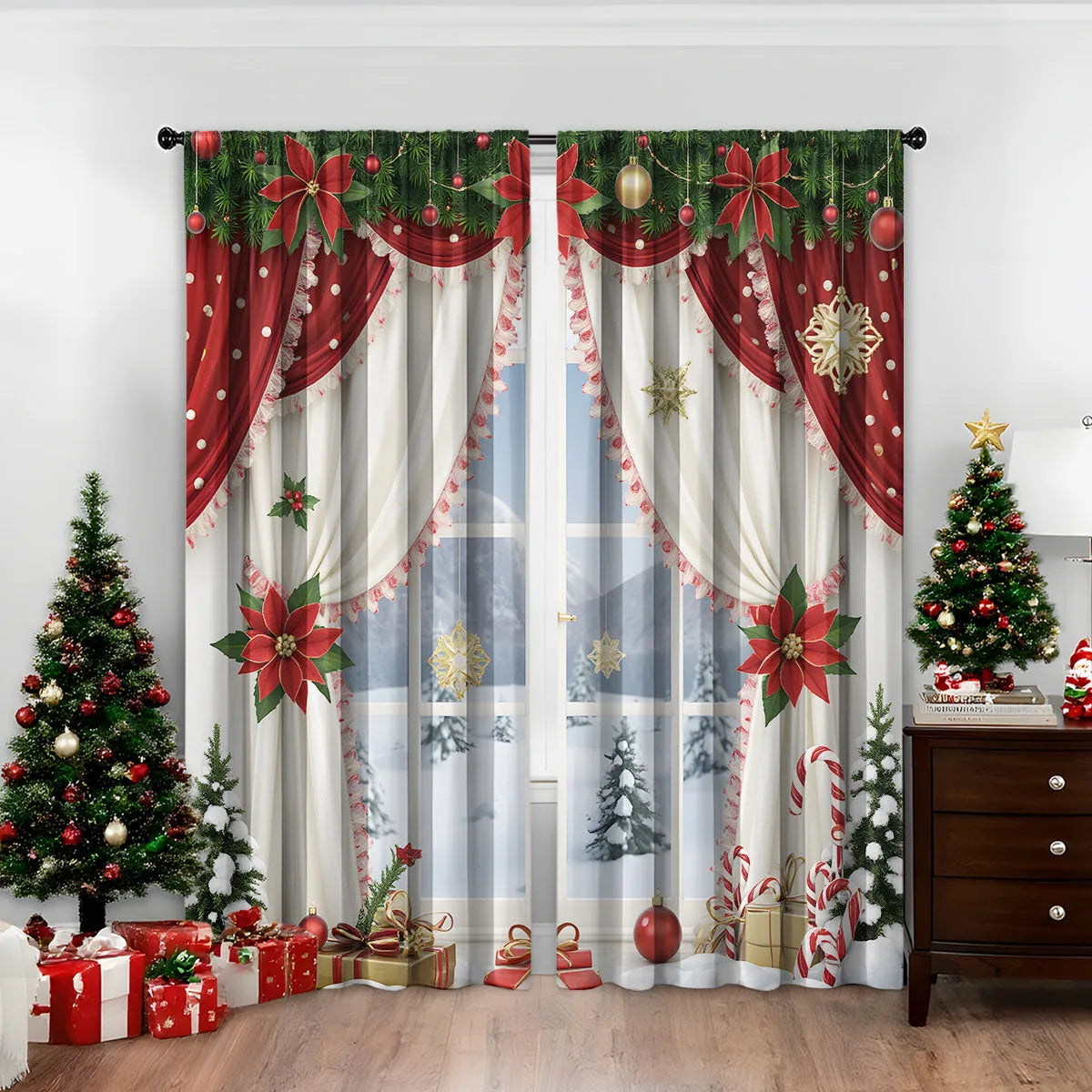 Pair of 3D digitally printed Christmas pattern polyester curtains hanging on a window.