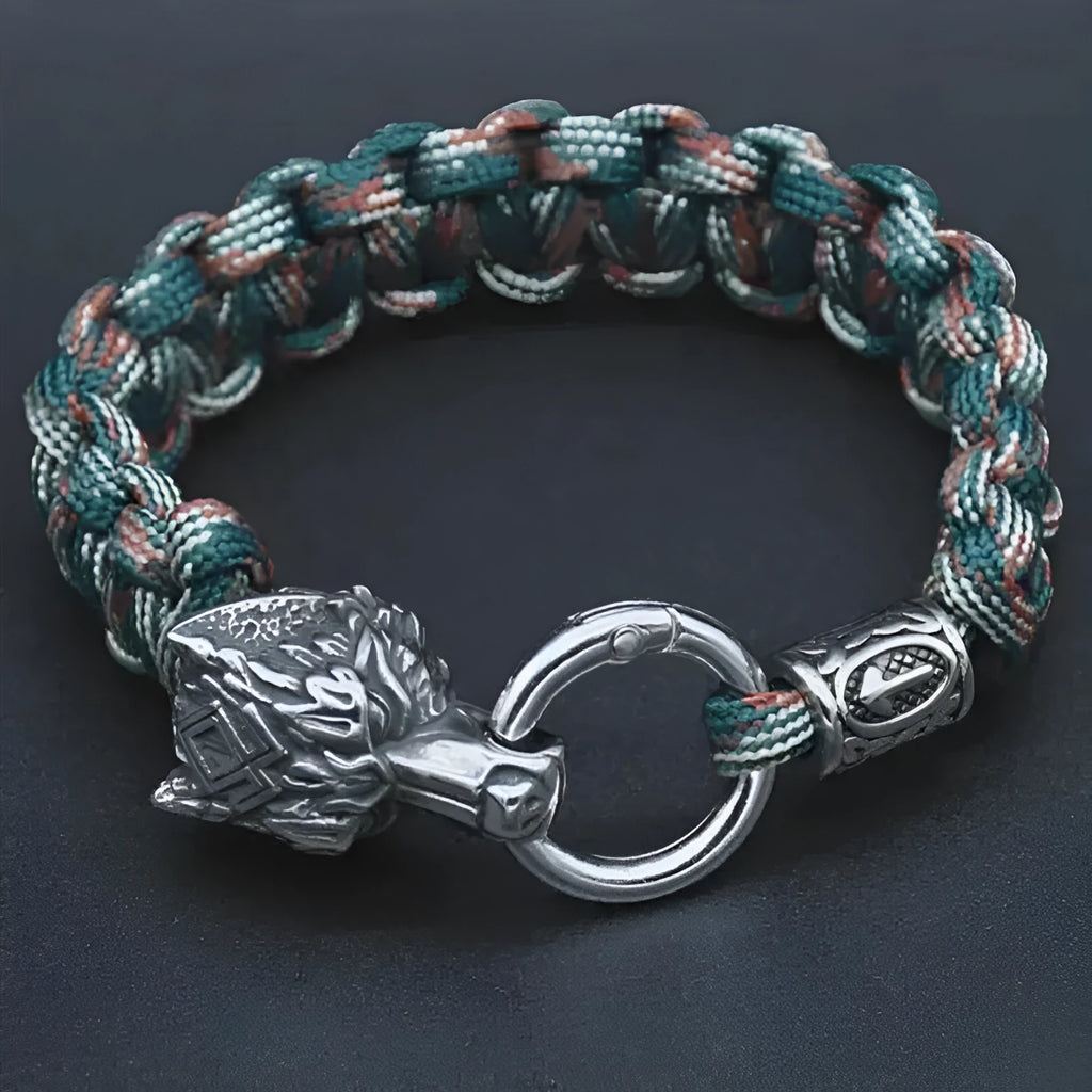 Stainless steel wolf head bracelet with Luen character design in camouflage colour