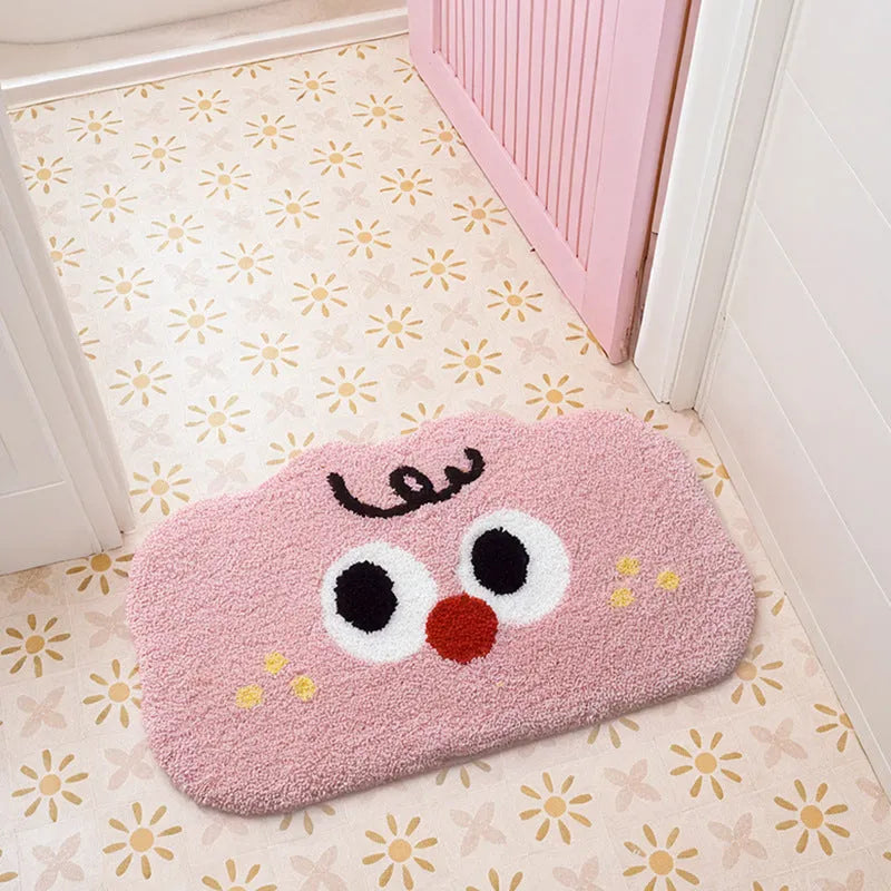 Colourful cartoon anime print bathroom mat with a soft cashmere-like texture on a bathroom floor.