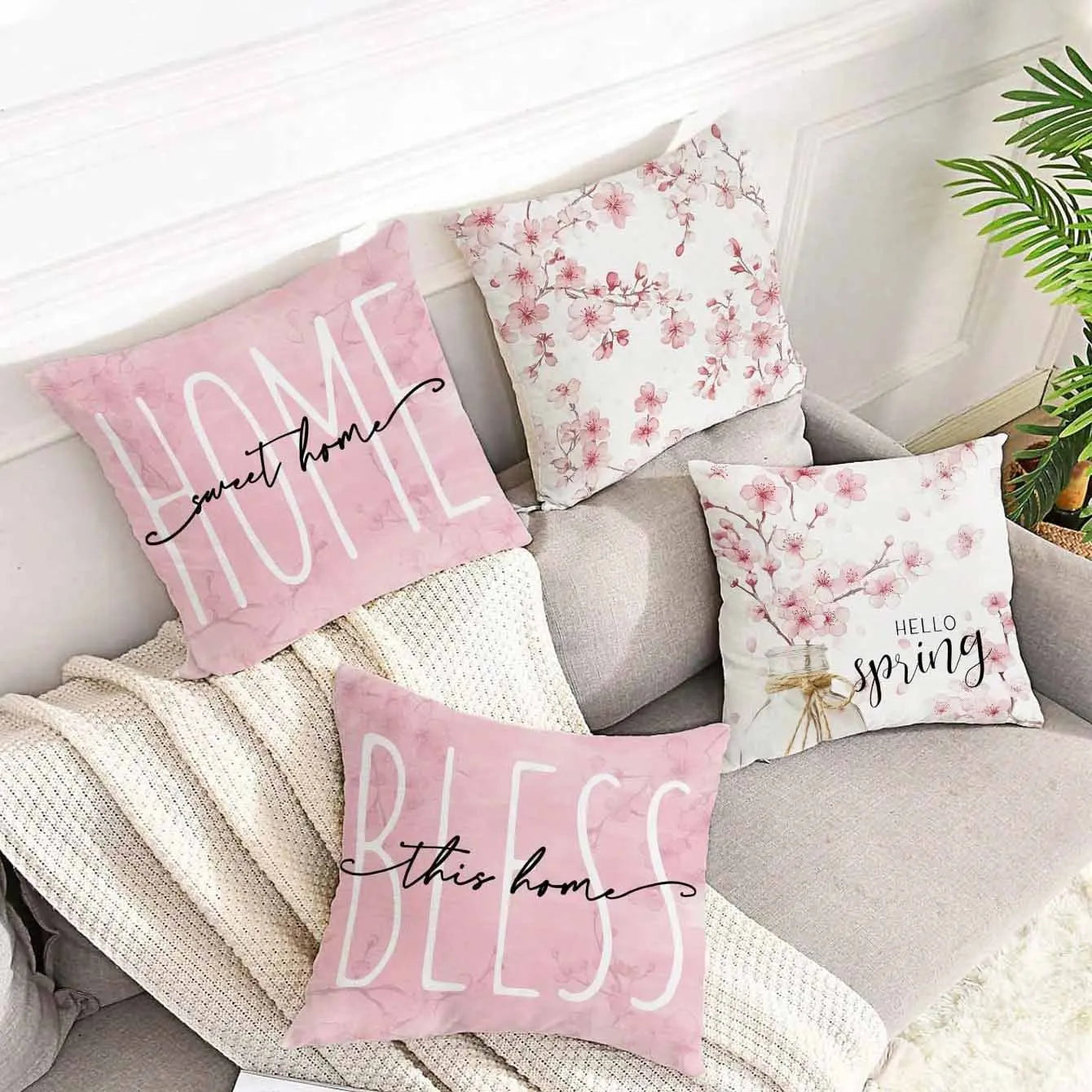 Square cherry blossom letter cushion cover in short velvet fabric, 45cm size