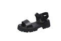 Women's beige peep toe ankle-strap buckle platform sandals with a fish mouth toe holder on a white background.