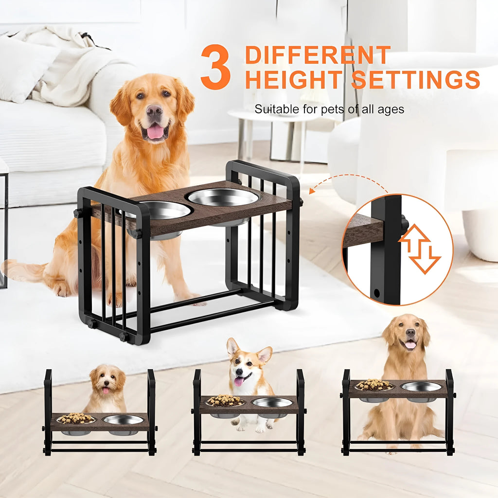 Black wooden dog bowl stand measuring 37x23cm for raised pet feeding