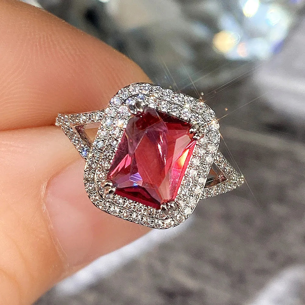 Women's copper geometric square rhinestone ring in F827 Red colour showing princess-style design
