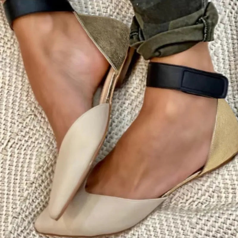 Women's casual velcro sandals in beige with a hollowed design and flat heel.