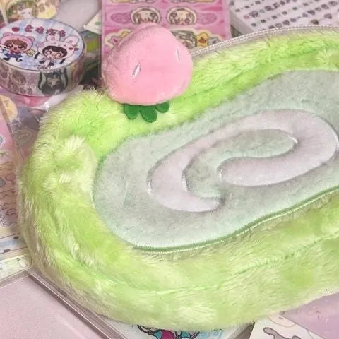 Swiss roll cake design velvet pencil case in Korean style with plush polyester fabric
