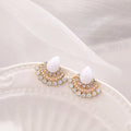 Retro sterling silver fan-shaped rhinestone earrings with geometric opal design for women