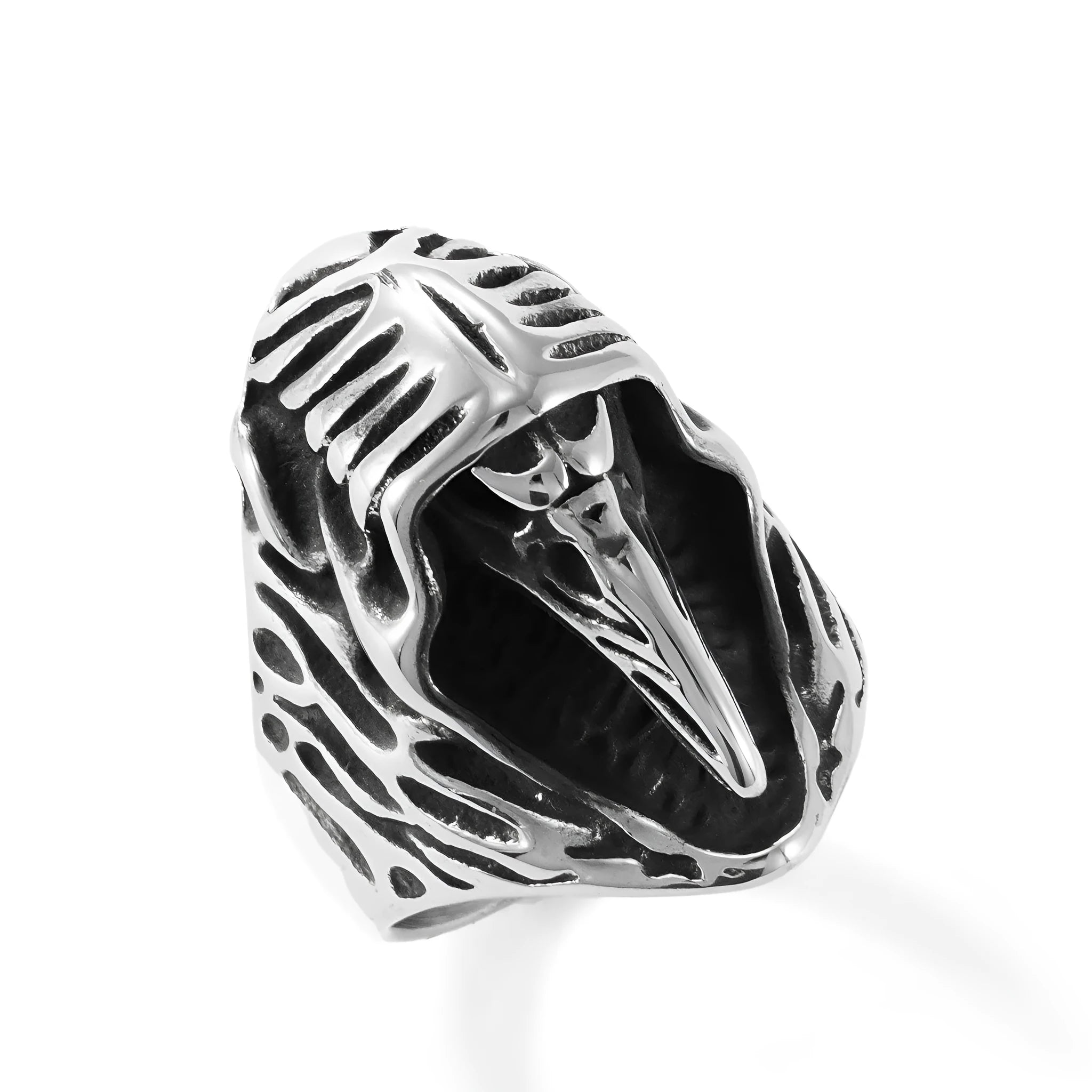 Titanium steel geometric crow punk ring in MR166 colour on a plain background.
