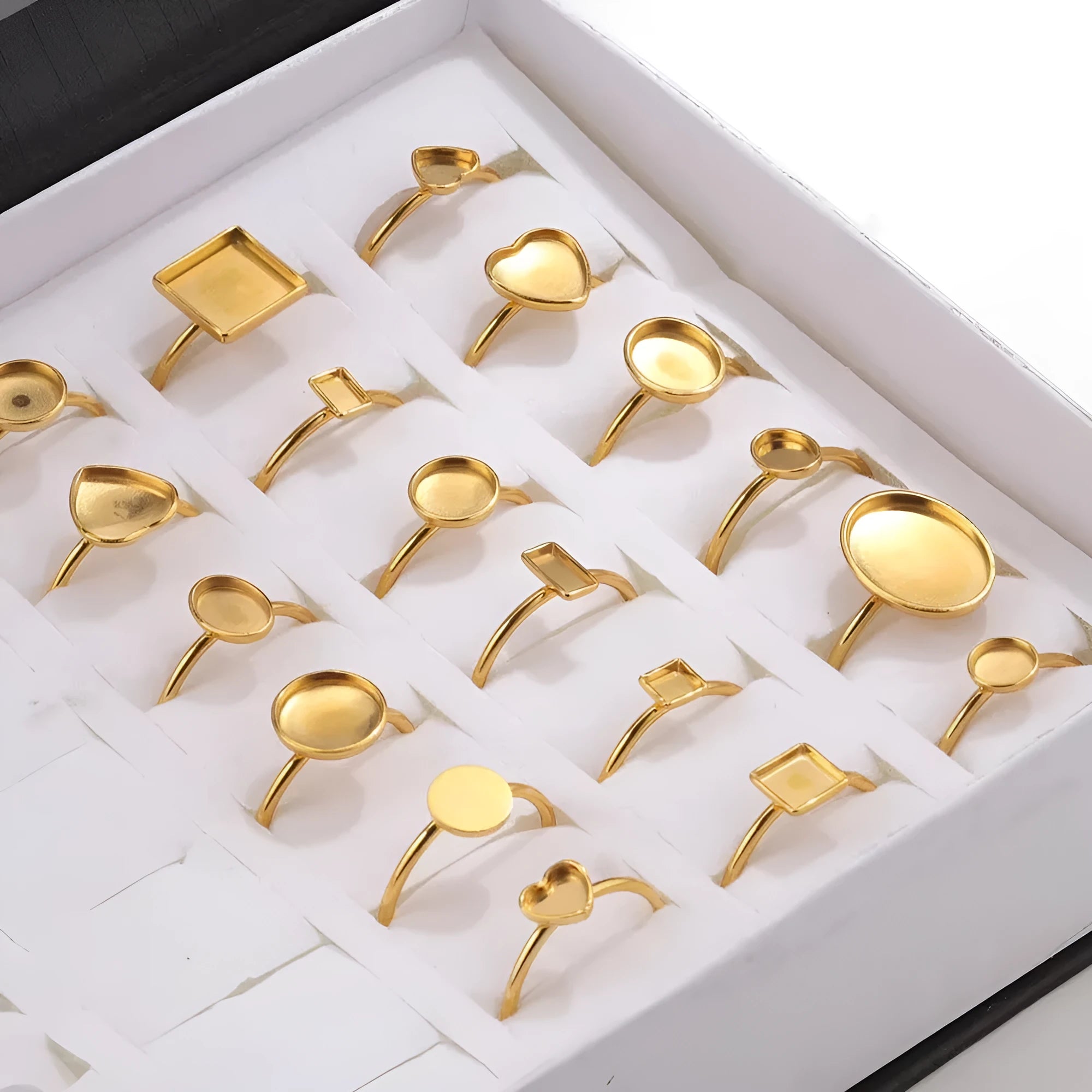 Golden electroplated stainless steel ring setting with totem pattern in various oval, rectangle, round and heart shapes