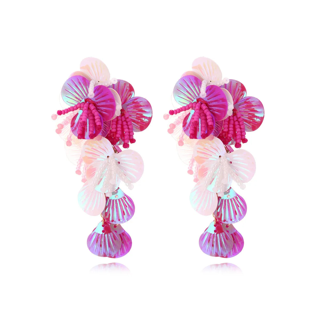 Handmade flower bead earrings in colourful, purple and rose colours with European American exaggerated style