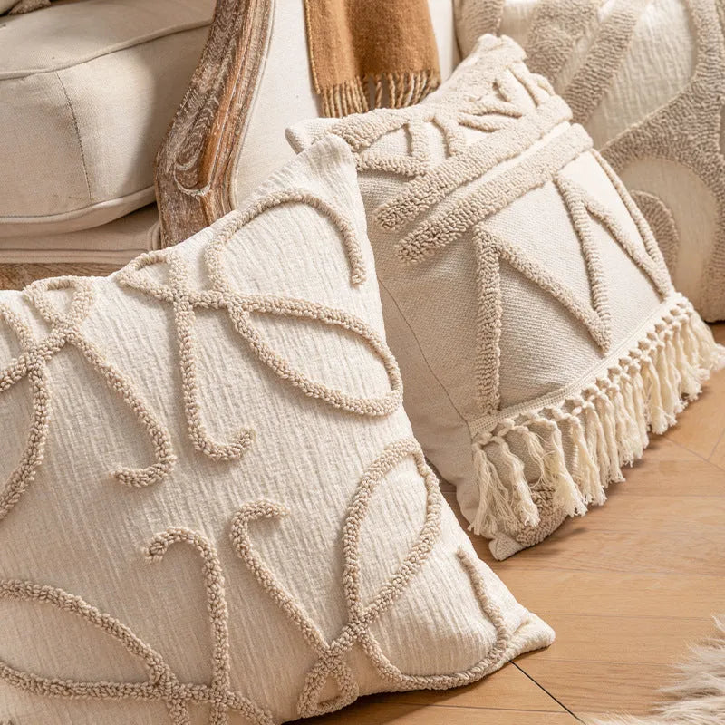 Knitted tassel sofa cushion cover in spiral dots pattern with pp cotton filler