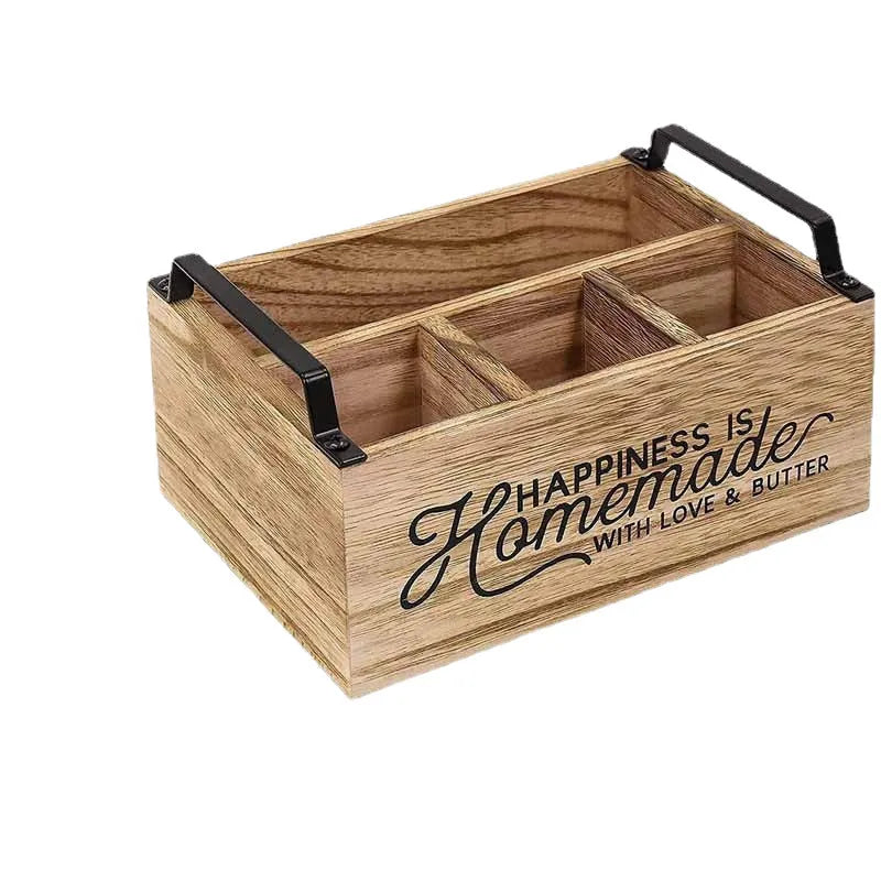 Wooden kitchen storage box with grid dividers for tableware organisation