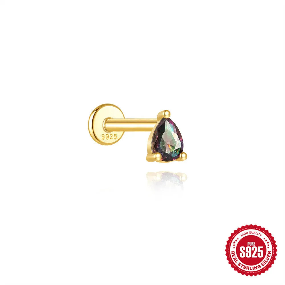 S925 sterling silver flat head thread piercing with rainbow stone accents in gold tone