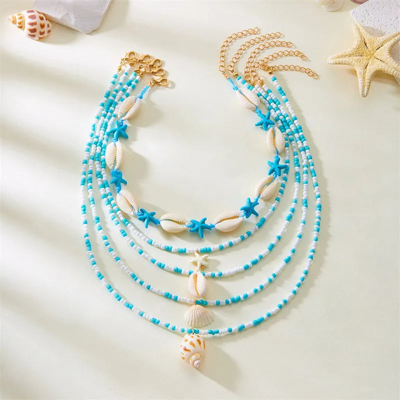 Blue and multicolour women's shell bead necklace set with five layered pieces