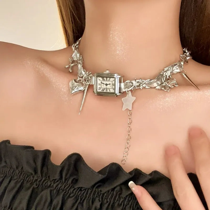 Dark multi-layer cross necklace with twin clavicle chain, adjustable 41-50cm length, alloy construction